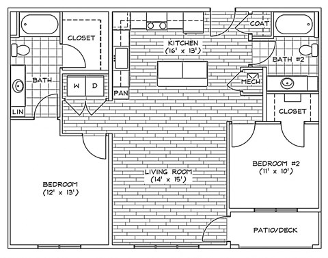 Floor plan for 2 beds, 2 baths, 1086 sqft